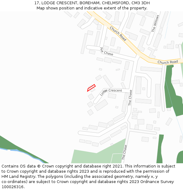 17, LODGE CRESCENT, BOREHAM, CHELMSFORD, CM3 3DH: Location map and indicative extent of plot