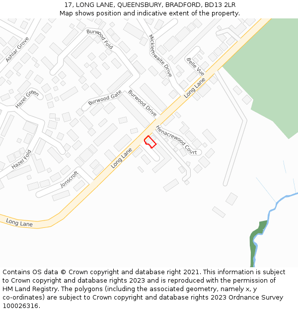 17, LONG LANE, QUEENSBURY, BRADFORD, BD13 2LR: Location map and indicative extent of plot