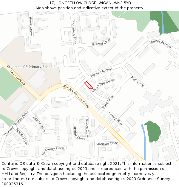 17, LONGFELLOW CLOSE, WIGAN, WN3 5YB: Location map and indicative extent of plot