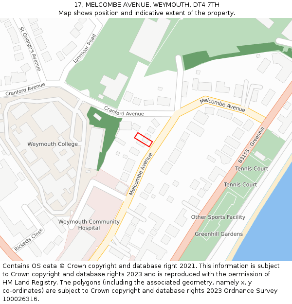 17, MELCOMBE AVENUE, WEYMOUTH, DT4 7TH: Location map and indicative extent of plot