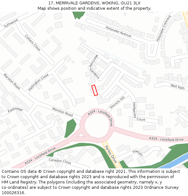 17, MERRIVALE GARDENS, WOKING, GU21 3LX: Location map and indicative extent of plot