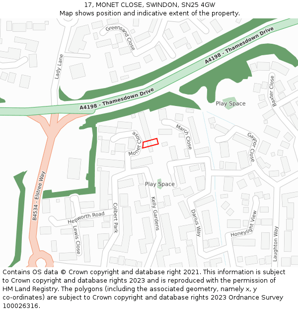 17, MONET CLOSE, SWINDON, SN25 4GW: Location map and indicative extent of plot