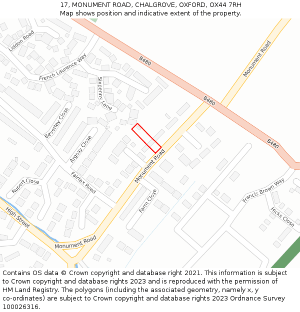 17, MONUMENT ROAD, CHALGROVE, OXFORD, OX44 7RH: Location map and indicative extent of plot