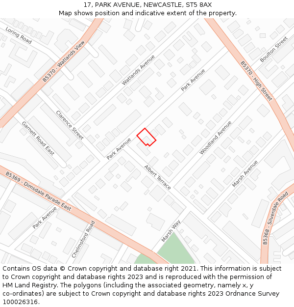 17, PARK AVENUE, NEWCASTLE, ST5 8AX: Location map and indicative extent of plot