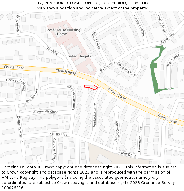 17, PEMBROKE CLOSE, TONTEG, PONTYPRIDD, CF38 1HD: Location map and indicative extent of plot