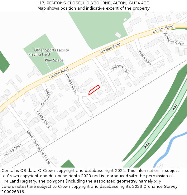 17, PENTONS CLOSE, HOLYBOURNE, ALTON, GU34 4BE: Location map and indicative extent of plot