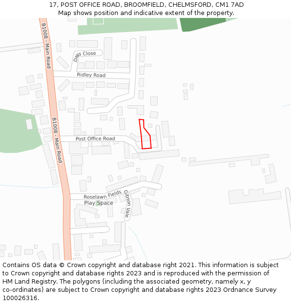 17, POST OFFICE ROAD, BROOMFIELD, CHELMSFORD, CM1 7AD: Location map and indicative extent of plot