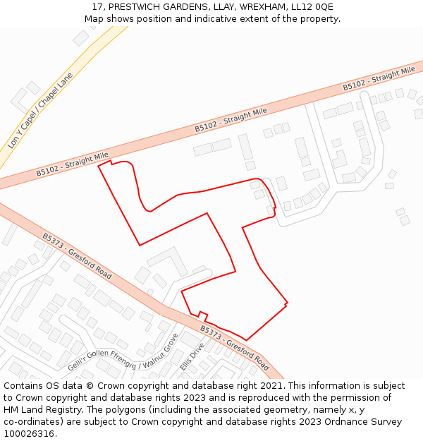 17, PRESTWICH GARDENS, LLAY, WREXHAM, LL12 0QE: Location map and indicative extent of plot