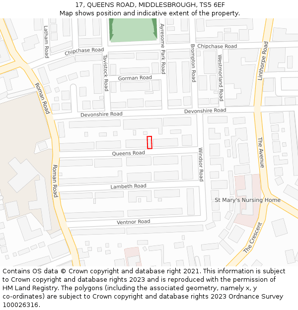 17, QUEENS ROAD, MIDDLESBROUGH, TS5 6EF: Location map and indicative extent of plot