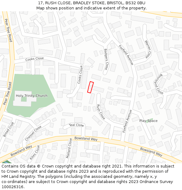 17, RUSH CLOSE, BRADLEY STOKE, BRISTOL, BS32 0BU: Location map and indicative extent of plot