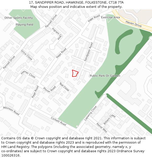 17, SANDPIPER ROAD, HAWKINGE, FOLKESTONE, CT18 7TA: Location map and indicative extent of plot