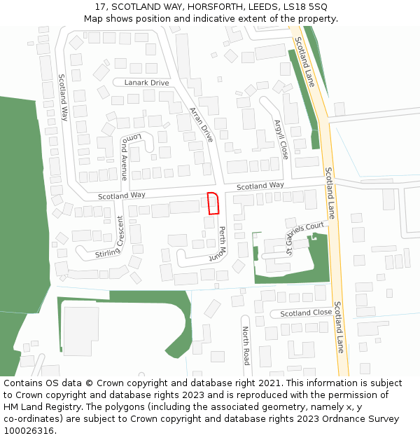 17, SCOTLAND WAY, HORSFORTH, LEEDS, LS18 5SQ: Location map and indicative extent of plot