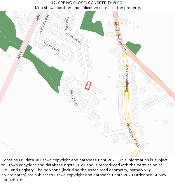 17, SPRING CLOSE, CONSETT, DH8 0QL: Location map and indicative extent of plot