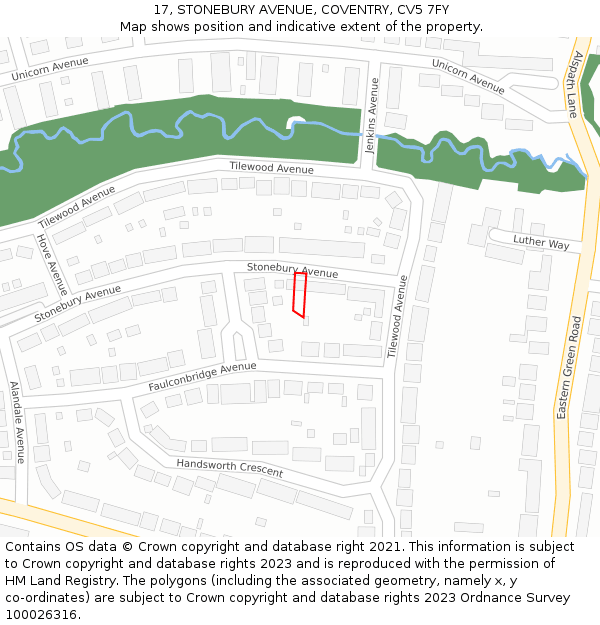 17, STONEBURY AVENUE, COVENTRY, CV5 7FY: Location map and indicative extent of plot