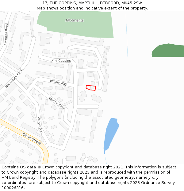 17, THE COPPINS, AMPTHILL, BEDFORD, MK45 2SW: Location map and indicative extent of plot