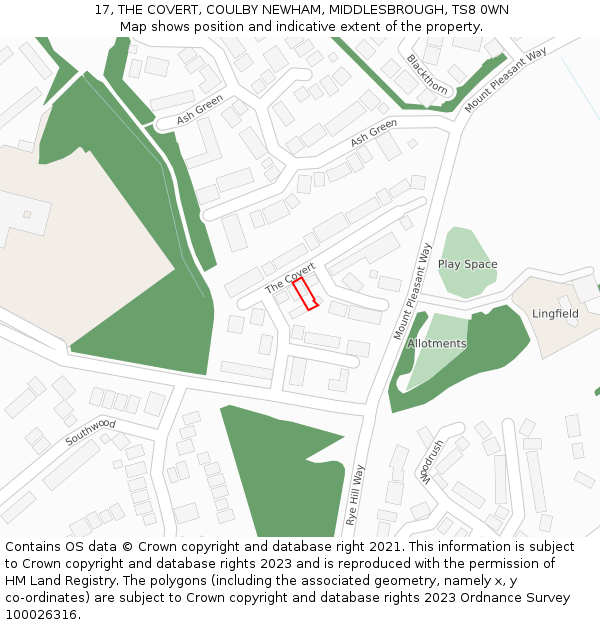 17, THE COVERT, COULBY NEWHAM, MIDDLESBROUGH, TS8 0WN: Location map and indicative extent of plot