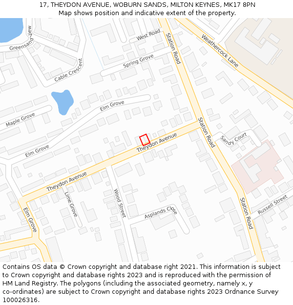 17, THEYDON AVENUE, WOBURN SANDS, MILTON KEYNES, MK17 8PN: Location map and indicative extent of plot