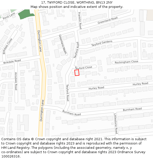 17, TWYFORD CLOSE, WORTHING, BN13 2NY: Location map and indicative extent of plot