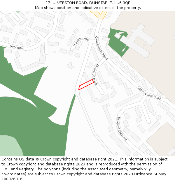 17, ULVERSTON ROAD, DUNSTABLE, LU6 3QE: Location map and indicative extent of plot