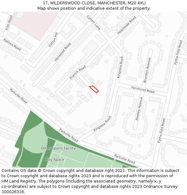 17, WILDERSWOOD CLOSE, MANCHESTER, M20 4XU: Location map and indicative extent of plot