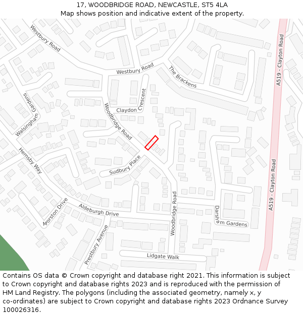 17, WOODBRIDGE ROAD, NEWCASTLE, ST5 4LA: Location map and indicative extent of plot