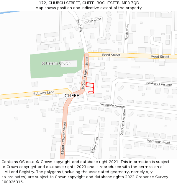 172, CHURCH STREET, CLIFFE, ROCHESTER, ME3 7QD: Location map and indicative extent of plot