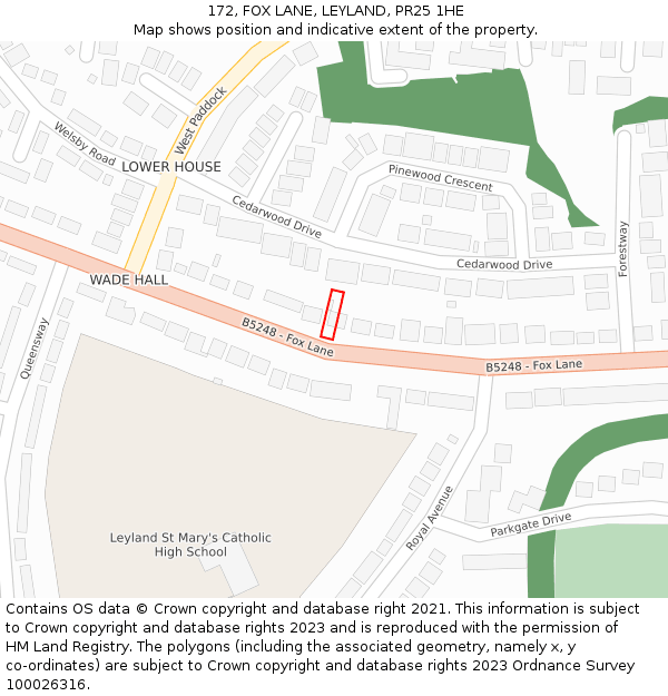 172, FOX LANE, LEYLAND, PR25 1HE: Location map and indicative extent of plot