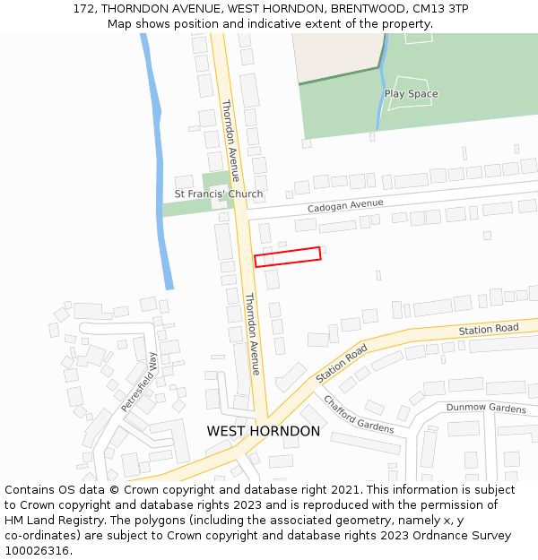 172, THORNDON AVENUE, WEST HORNDON, BRENTWOOD, CM13 3TP: Location map and indicative extent of plot