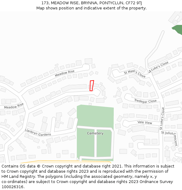 173, MEADOW RISE, BRYNNA, PONTYCLUN, CF72 9TJ: Location map and indicative extent of plot