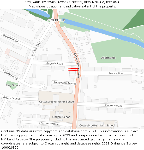 173, YARDLEY ROAD, ACOCKS GREEN, BIRMINGHAM, B27 6NA: Location map and indicative extent of plot