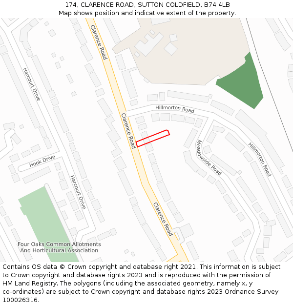 174, CLARENCE ROAD, SUTTON COLDFIELD, B74 4LB: Location map and indicative extent of plot