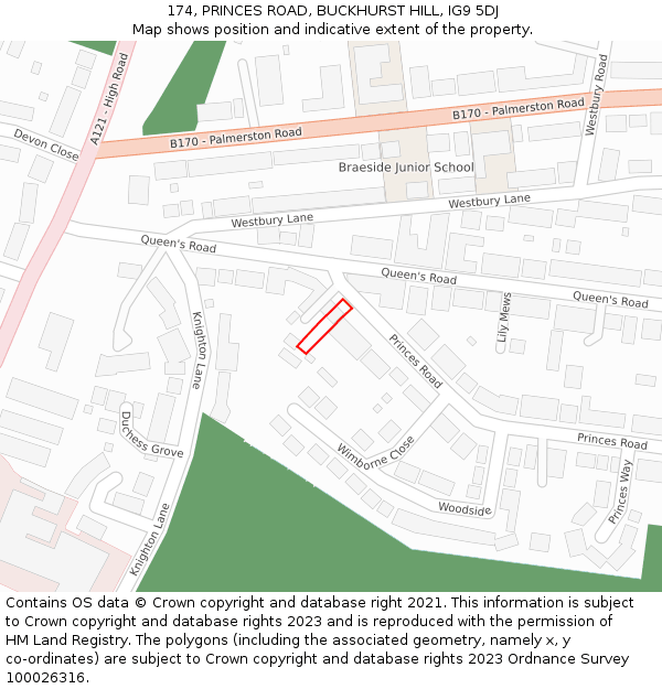 174, PRINCES ROAD, BUCKHURST HILL, IG9 5DJ: Location map and indicative extent of plot