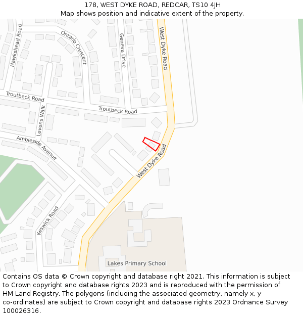 178, WEST DYKE ROAD, REDCAR, TS10 4JH: Location map and indicative extent of plot