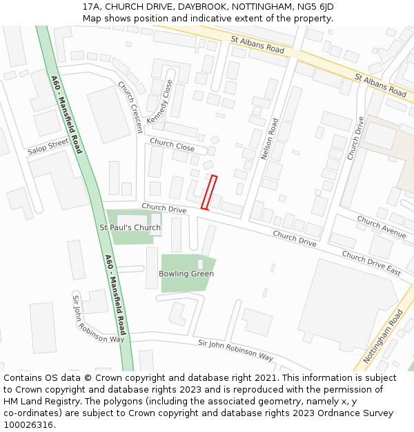 17A, CHURCH DRIVE, DAYBROOK, NOTTINGHAM, NG5 6JD: Location map and indicative extent of plot