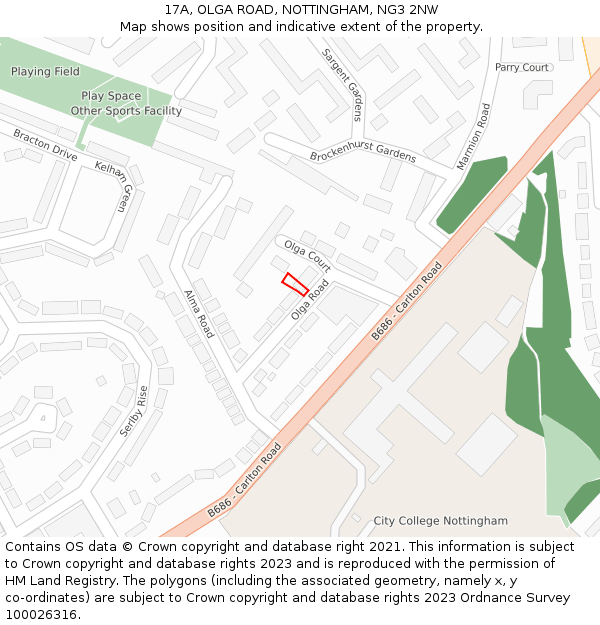 17A, OLGA ROAD, NOTTINGHAM, NG3 2NW: Location map and indicative extent of plot