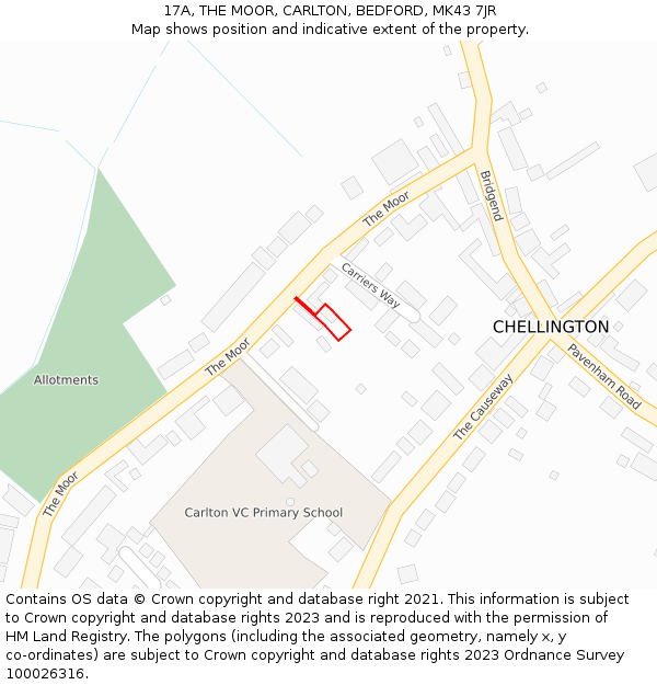 17A, THE MOOR, CARLTON, BEDFORD, MK43 7JR: Location map and indicative extent of plot