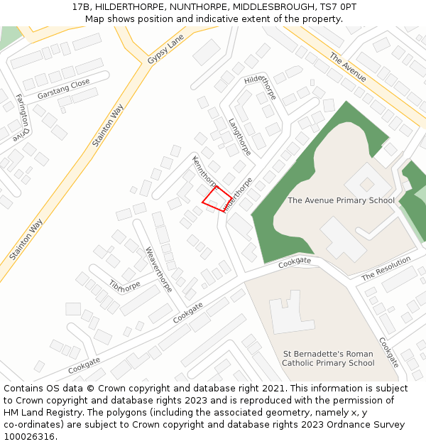 17B, HILDERTHORPE, NUNTHORPE, MIDDLESBROUGH, TS7 0PT: Location map and indicative extent of plot