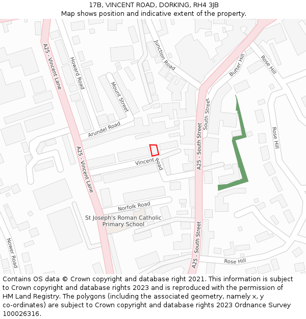 17B, VINCENT ROAD, DORKING, RH4 3JB: Location map and indicative extent of plot