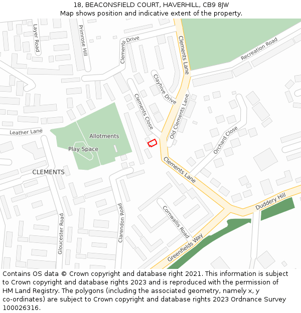 18, BEACONSFIELD COURT, HAVERHILL, CB9 8JW: Location map and indicative extent of plot