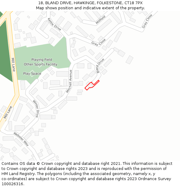 18, BLAND DRIVE, HAWKINGE, FOLKESTONE, CT18 7PX: Location map and indicative extent of plot