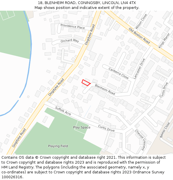 18, BLENHEIM ROAD, CONINGSBY, LINCOLN, LN4 4TX: Location map and indicative extent of plot