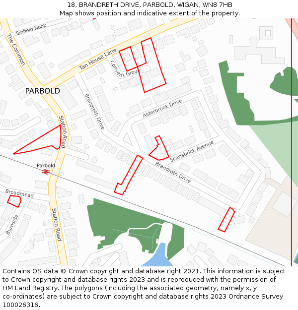 18, BRANDRETH DRIVE, PARBOLD, WIGAN, WN8 7HB: Location map and indicative extent of plot