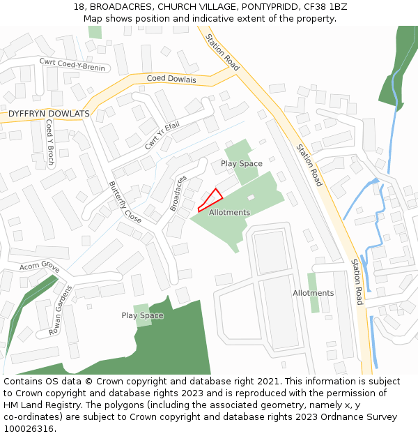 18, BROADACRES, CHURCH VILLAGE, PONTYPRIDD, CF38 1BZ: Location map and indicative extent of plot