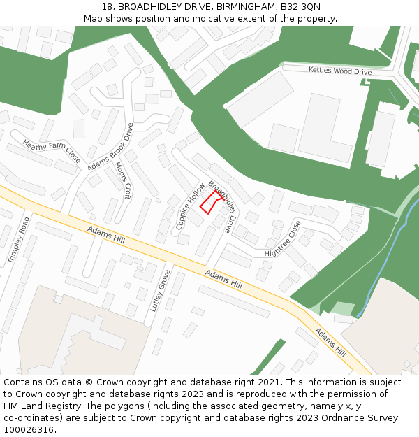 18, BROADHIDLEY DRIVE, BIRMINGHAM, B32 3QN: Location map and indicative extent of plot