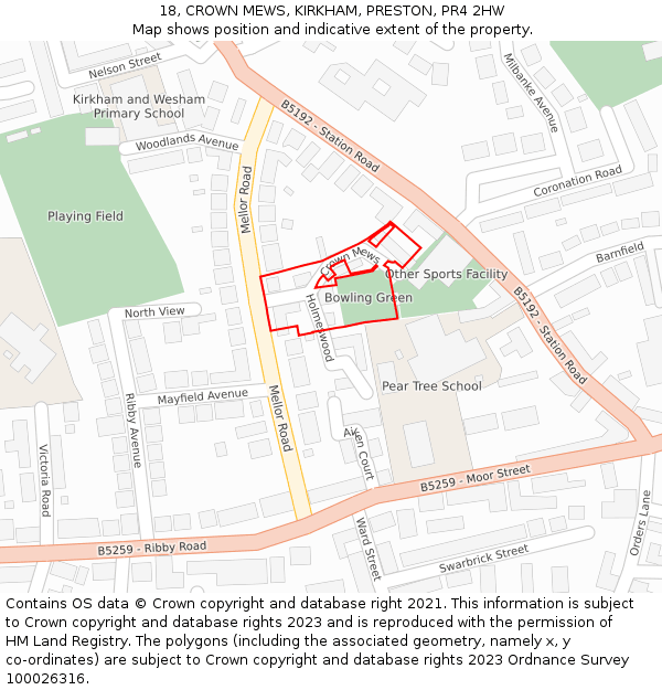 18, CROWN MEWS, KIRKHAM, PRESTON, PR4 2HW: Location map and indicative extent of plot