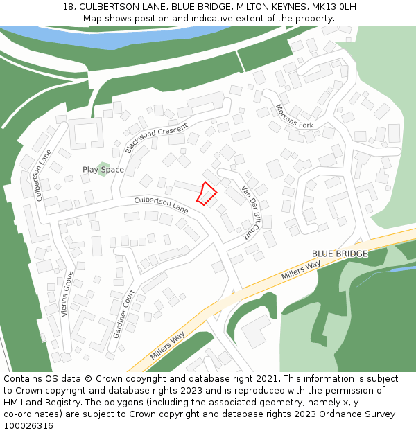 18, CULBERTSON LANE, BLUE BRIDGE, MILTON KEYNES, MK13 0LH: Location map and indicative extent of plot