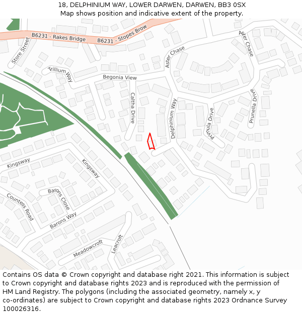 18, DELPHINIUM WAY, LOWER DARWEN, DARWEN, BB3 0SX: Location map and indicative extent of plot