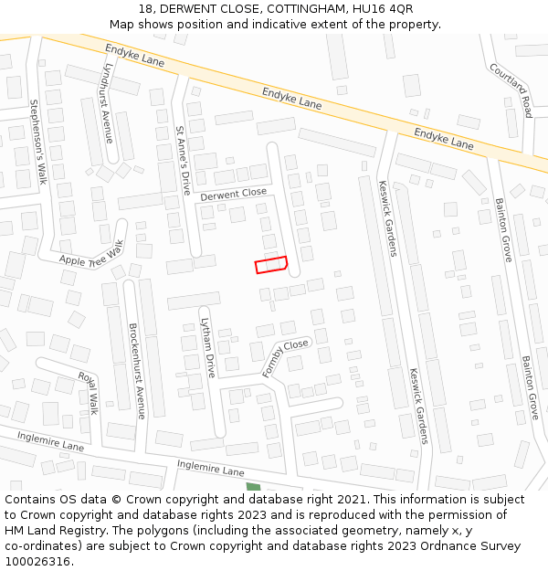 18, DERWENT CLOSE, COTTINGHAM, HU16 4QR: Location map and indicative extent of plot