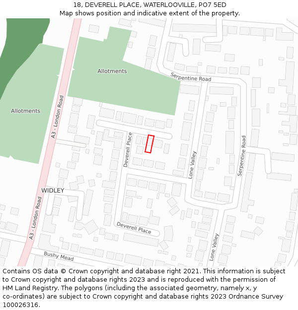 18, DEVERELL PLACE, WATERLOOVILLE, PO7 5ED: Location map and indicative extent of plot