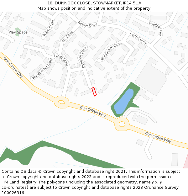 18, DUNNOCK CLOSE, STOWMARKET, IP14 5UA: Location map and indicative extent of plot